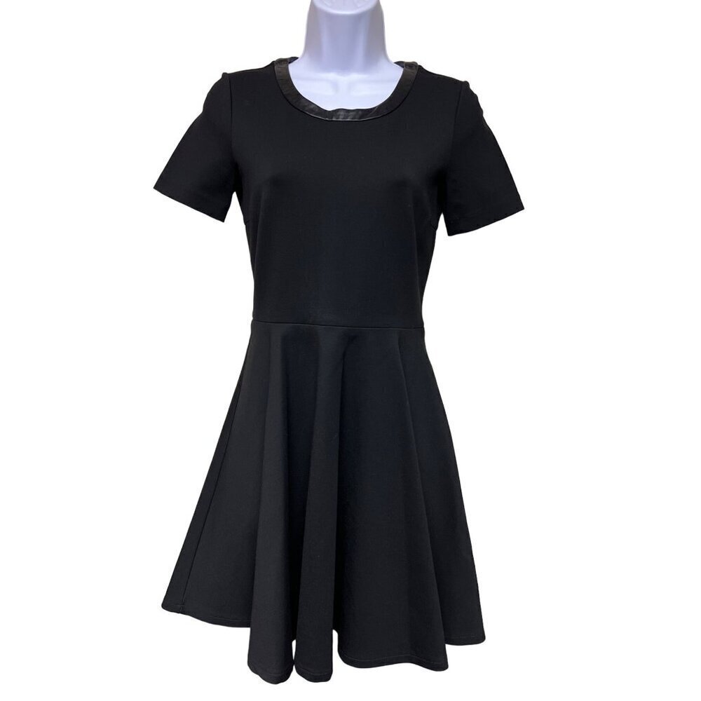 Madewell Black Short Sleeve Fit Flare Short Leather Trim Dress Women's Size XS